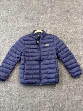 EDDIE BAUER Down Jacket Kids Navy Blue Packable Puffer Hooded Sz M 7/8 Unisex